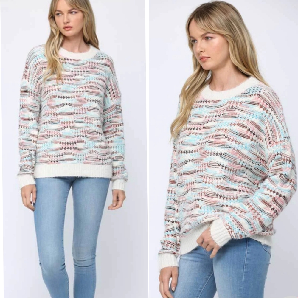 5⭐Fuzzy white boho multi print oversized chunky knit pullover crew neck sweater